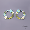 Pair of enameled copper charm earrings - blue/green/white/milky blue/olive background - Crown
