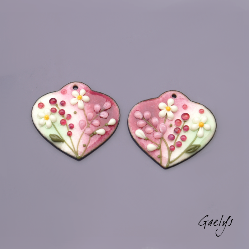 Pair of enameled copper charm earrings - pink/purple/soft green/ivory/rose
