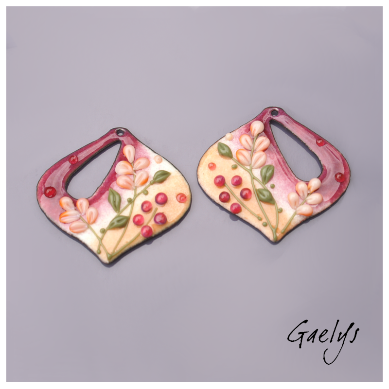 Paire de charm cuivre émaillé pour boucles d'oreille - fond corail (pêche) / Pourpre