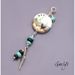 Larme sereine - pendentif  lampwork inspiration indienne -  Galet lampwork ivoire motif plume - murine
