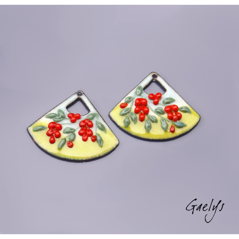Pair of enameled copper charm earrings - sky blue and green background / olive leaf red grape