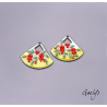 Pair of enameled copper charm earrings - sky blue and green background / olive leaf red grape