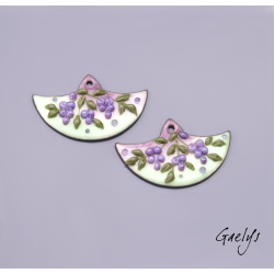 Paire de charm cuivre émaillé pour boucles d'oreille - fond violet et vert / feuillage olive / Glycine