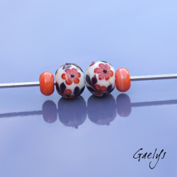 Flower Lampwork Beads - Round Bead Duo + Spacer - Ivory / Black Foliage / Small Flower red and Orange