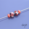 Perles Lampwork à fleurs - duo de perles ronde + spacer  -  ivoir / feuillage noir / fleurette rouge et orange