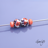 Flower Lampwork Beads - Round Bead Duo + Spacer - Ivory / Black Foliage / Small Flower red and Orange