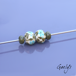 Flower Lampwork Beads - Round Bead + Spacer Duo - Ivory / Green Foliage / Turquoise Flower