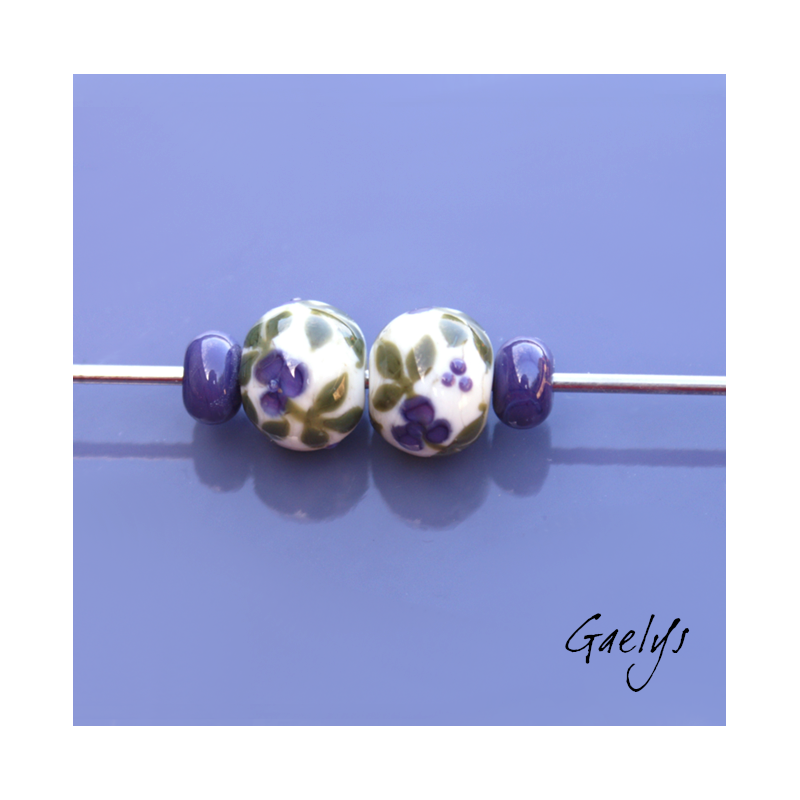 Flower Lampwork Beads - Round Bead + Spacer Duo - Ivory / Green Foliage / Purple Flower
