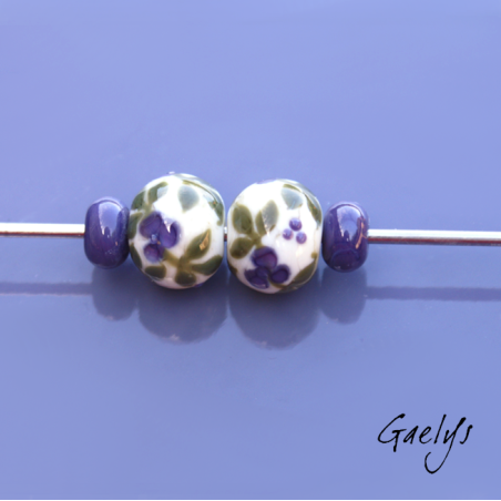 Flower Lampwork Beads - Round Bead + Spacer Duo - Ivory / Green Foliage / Purple Flower