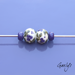 Flower Lampwork Beads - Round Bead + Spacer Duo - Ivory / Green Foliage / Purple Flower