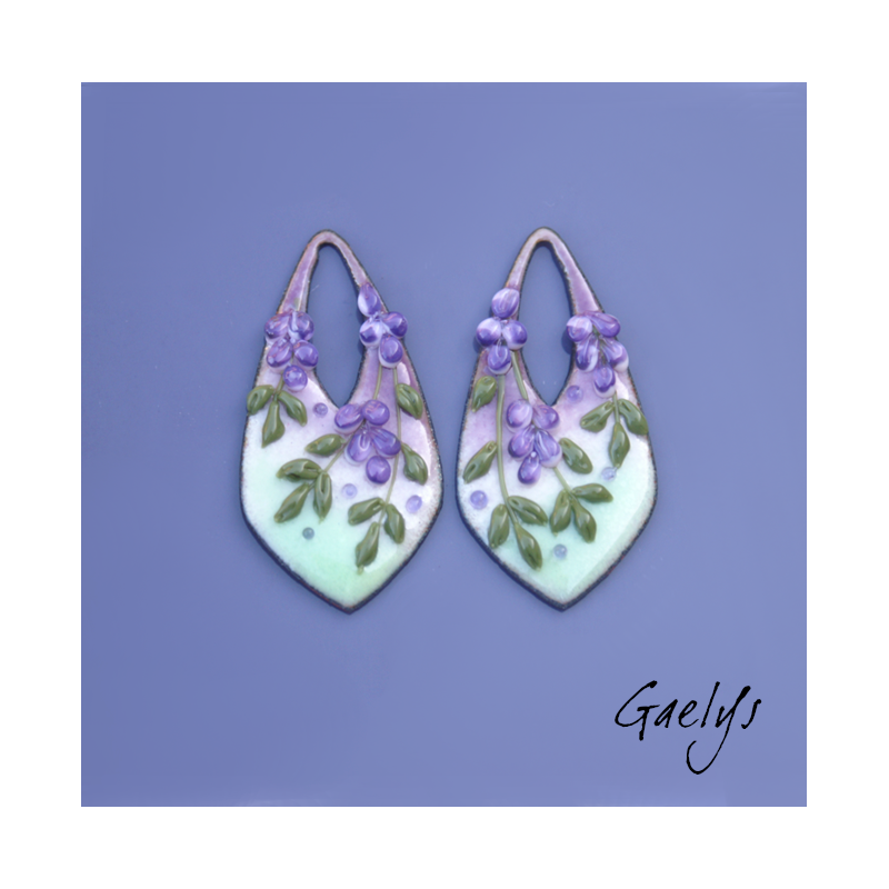 Pair of enameled copper charm earrings - soft green background - purple wisteria