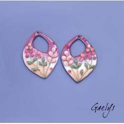 Paire de charm cuivre émaillé pour boucles d'oreille - fond  poupre, pêche - feuillage, fleurs pourpre , pêche
