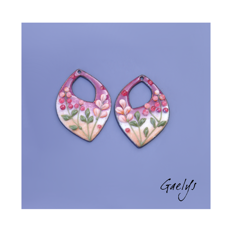 Pair of enameled copper charm earrings - purple and peach background - foliage, purple and peach flowers