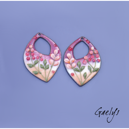 Pair of enameled copper charm earrings - purple and peach background - foliage, purple and peach flowers