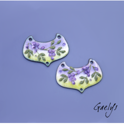 Paire de charm cuivre émaillé pour boucles d'oreille - fond  vert , violet - feuillage, glycine