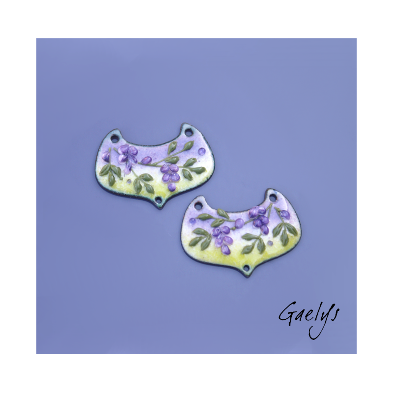 Paire de charm cuivre émaillé pour boucles d'oreille - fond  vert , violet - feuillage, glycine