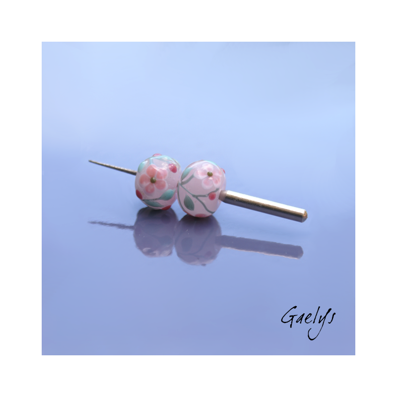 Lampwork Flower Beads - Round Bead Duo - Translucent Pink / Foliage / Pink Flowers