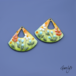 Pair of enameled copper charm earrings - green, yellow, orange background - blue, orange flowers, daisies