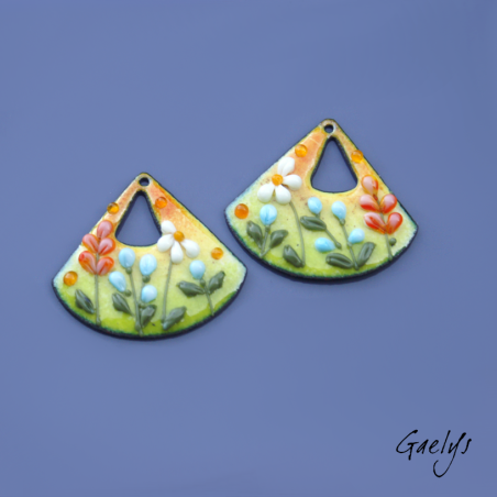 Pair of enameled copper charm earrings - green, yellow, orange background - blue, orange flowers, daisies