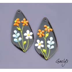 Paire de charm cuivre émaillé pour boucles d'oreille - fond noir / vert anis / rose / violet / jaune