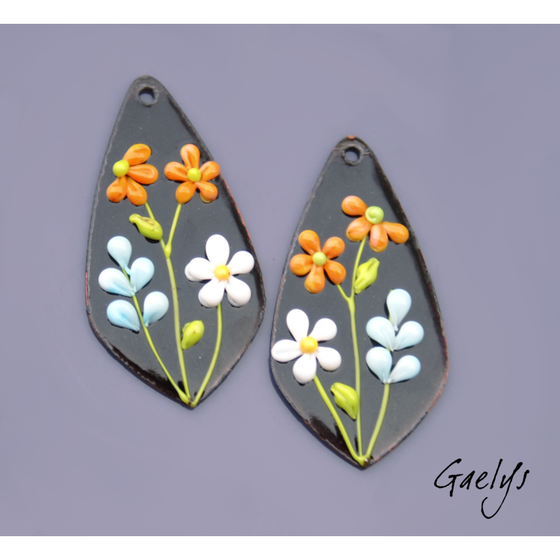 Paire de charm cuivre émaillé pour boucles d'oreille - fond noir / vert anis / rose / violet / jaune