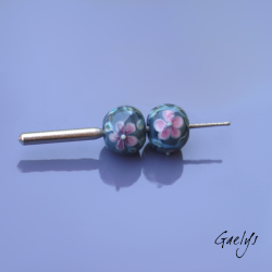 Lampwork Flower Beads - Round Bead Duo - Denim Blue / Foliage / Pink Flowers