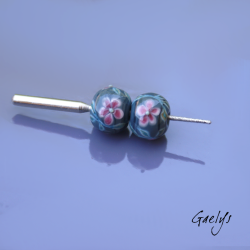 Lampwork Flower Beads - Round Bead Duo - Denim Blue / Foliage / Pink Flowers