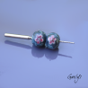 Lampwork Flower Beads - Round Bead Duo - Denim Blue / Foliage / Pink Flowers