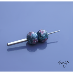 Lampwork Flower Beads - Round Bead Duo - Denim Blue / Foliage / Pink Flowers