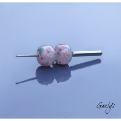 Lampwork Flower Beads - Round Bead Duo - Translucent Pink / Foliage / Pink Flowers