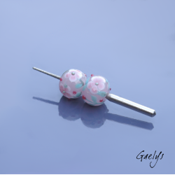Lampwork Flower Beads - Round Bead Duo - Translucent Pink / Foliage / Pink Flowers