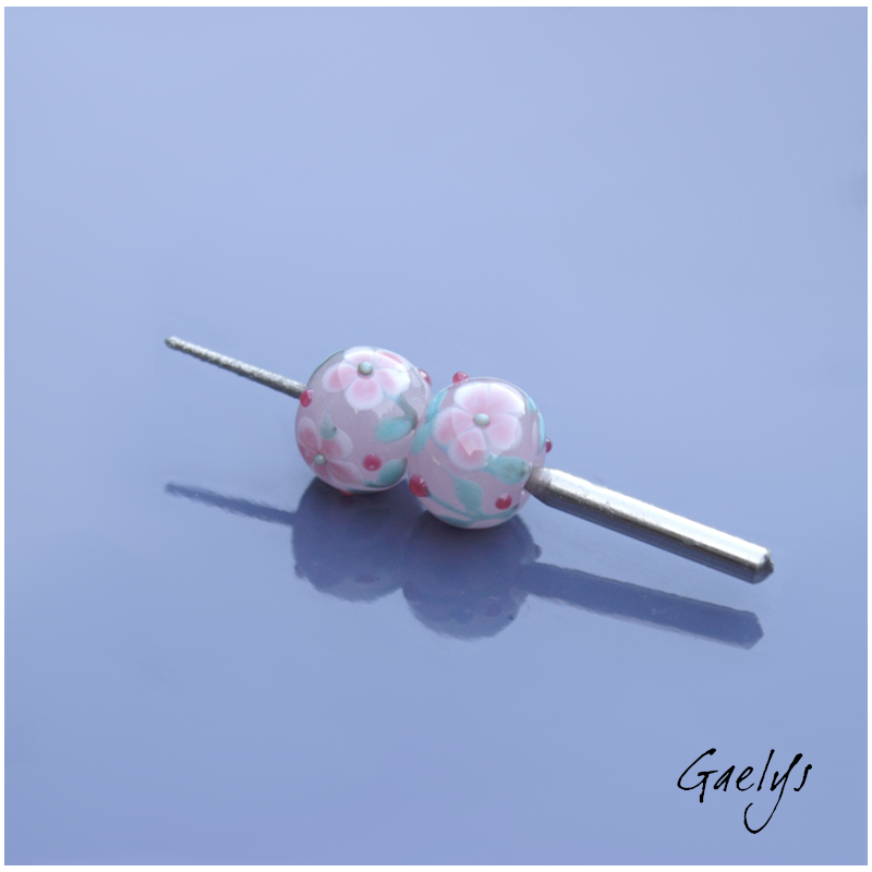 Lampwork Flower Beads - Round Bead Duo - Translucent Pink / Foliage / Pink Flowers