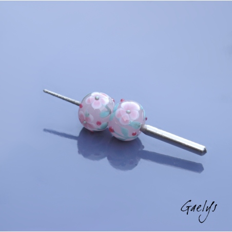 Lampwork Flower Beads - Round Bead Duo - Translucent Pink / Foliage / Pink Flowers