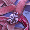 Lilibeth - Plum grey salamander on old rose pearl - flowers - glass animals - silk ribbon
