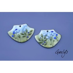Pair of enameled copper charm earrings - periwinkle blue and green/olive green background