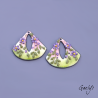 Pair of enameled copper charm earrings - green background, pink - purple flowers with yellow centers - foliage