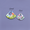 SMALL - Pair of enameled copper charm earrings - sky blue background - pink flowers with red heart - foliage